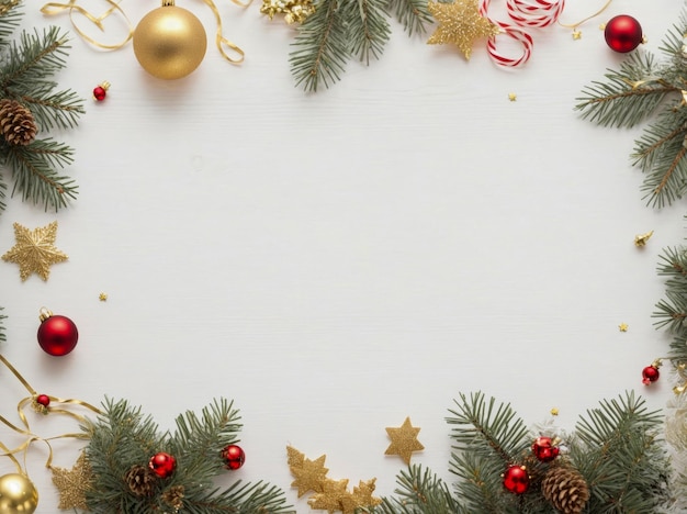 Foto heller weihnachtskartenrahmen mit fichtenrot- und golddekorationen auf einem knackigen weißen hintergrund