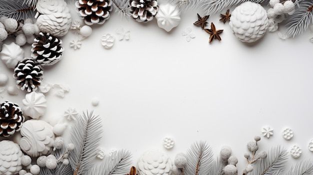 Heller Weihnachtsrahmen aus Fichtenweihnachtsdekorationen auf weißem Hintergrund Kopierraum