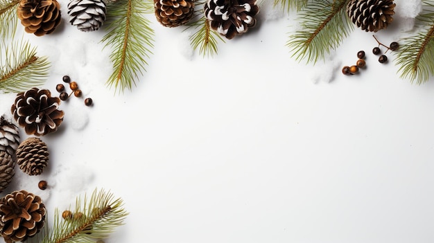 Heller Weihnachtsrahmen aus Fichtenweihnachtsdekorationen auf weißem Hintergrund Kopierraum
