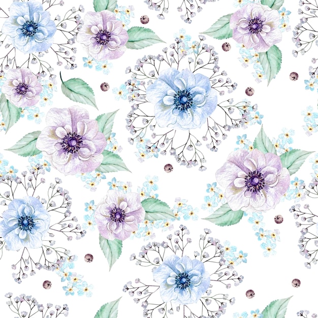 Helles Aquarellmuster mit Anemonenblumen, Vergissmeinnichten und Blättern