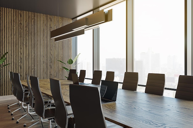 Helles, aus Holz und Beton gefertigtes Sitzungszimmer mit Möbeln und Panoramafenster mit Stadtblick 3D-Rendering