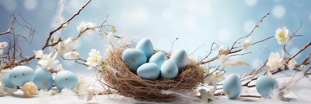 Helles Banner eines glücklichen Osterfestes mit farbenfrohen Pastelleiern im Nest