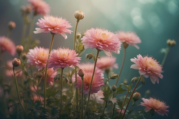 Helles Bild mit Blumen, dunkle Retro-Farben, zarten rosa Knospen und Blütenblätter, verschwommener Hintergrundglanz