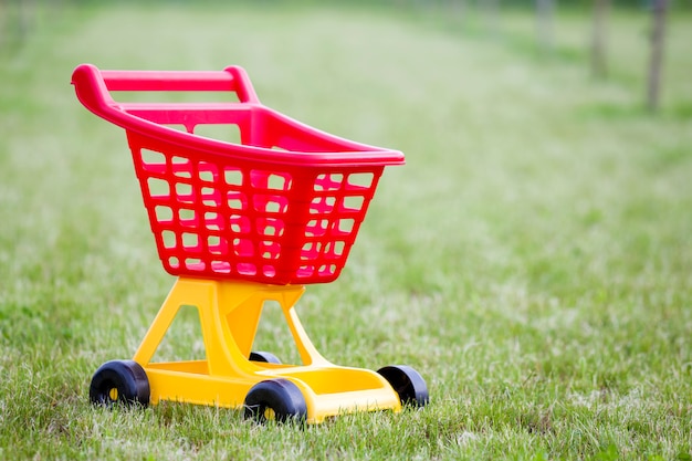 Helles buntes Plastikwarenkorbspielzeug draußen am sonnigen Sommertag.