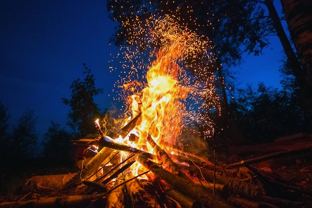 Helles Feuer in einer dunklen Nacht in einer Waldlichtung.