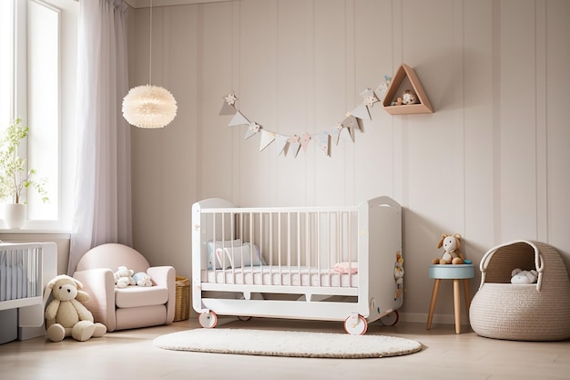 Helles, gemütliches Babyzimmer mit Kinderbett