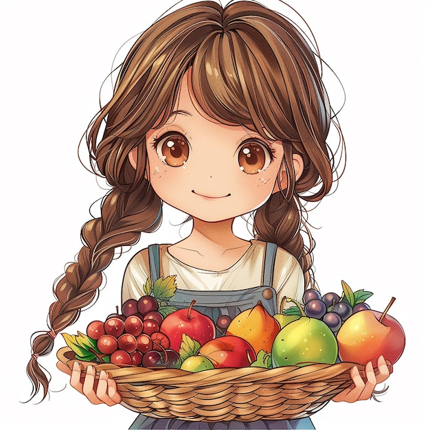 Helles Kawaii-Cartoonbild eines Mädchens mit Früchten