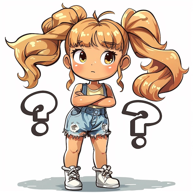 Helles Kawaii-Cartoonbild eines verwirrten und verängstigten Mädchens mit Fragezeichen