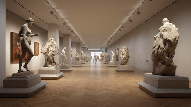 Helles klassisches Kunstgalerie-Interieur mit Skulpturen, die auf Sockeln unter einer gewölbten Decke ausgestellt sind