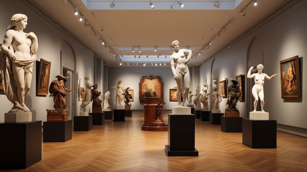 Helles klassisches Kunstgalerie-Interieur mit Skulpturen, die auf Sockeln unter einer gewölbten Decke ausgestellt sind