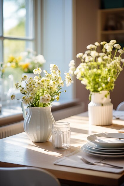 Foto helles kücheninterieur mit weißen blumen und geschirren weißer tag