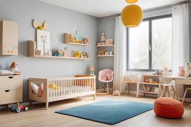 Helles, modernes Kinderzimmer für Kinder mit Spielzeug und Kindermöbeln