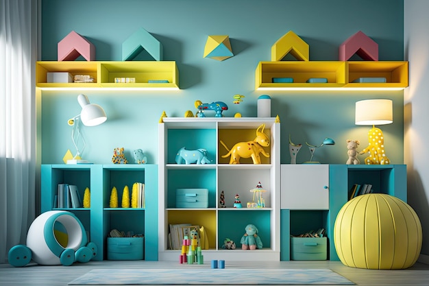 Helles, modernes Kinderzimmer mit Regalen und Spielzeug, das mit generativer KI erstellt wurde