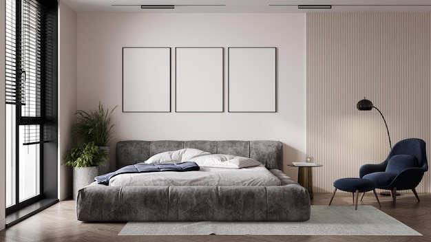 Helles, modernes, modernes Schlafzimmer mit blauem Hocker, modernem Teppich und Pflanzen-3D-Rendering
