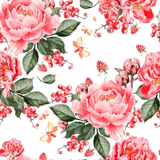 Helles nahtloses Muster mit Pfingstrosenblüten und Himbeeren. Illustration
