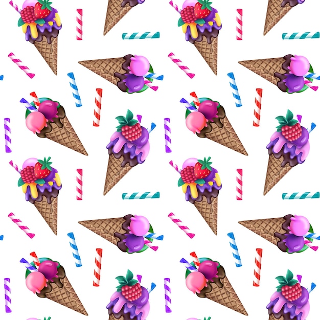 Helles, nahtloses Muster mit Süßigkeiten-Eistüten und gestreiften Süßigkeiten-Sticks-Eiscrememuster