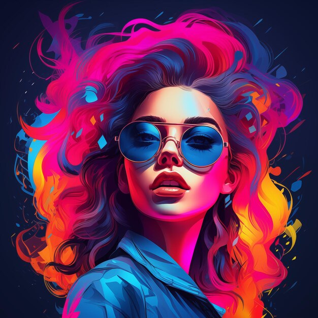 Helles Neonporträt eines Mädchens mit Brille im psychedelischen Stil junges weibliches Modell, das von KI erstellt wurde