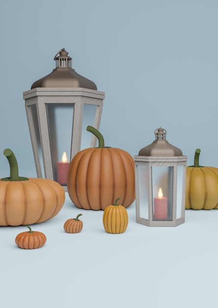 Helles pastellblaues Babyblau 3D-Illustration Herbst Herbst Produktanzeige mit Halloween-Motiven Podium Stand Hintergrund oder Tapete mit Kürbissen und Laternen mit Kerzen im Inneren vertikale Produktfotografie