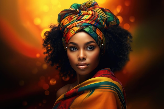 Helles Porträt einer schönen afrikanischen Frau, die mit einem leuchtend bunten Schal auf dem Kopf lächelt