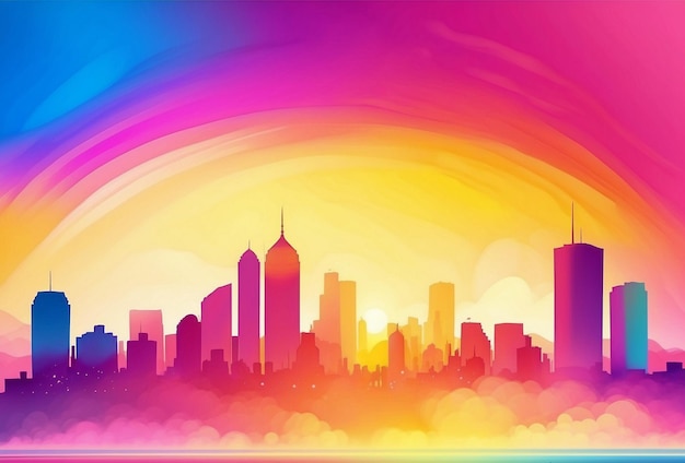 Helles Regenbogen-Stadtbild im Illustrationsstil Hohe Wolkenkratzer mit gesättigten und hellen Farben