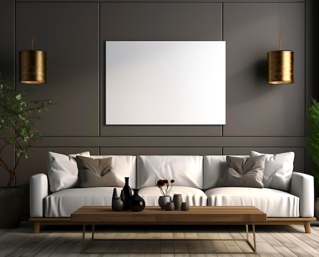 Helles Sofa im Raum, weiße Attrappe an der Wand, 3D-Rendering, Freizeitbüro-Studie, generierte KI
