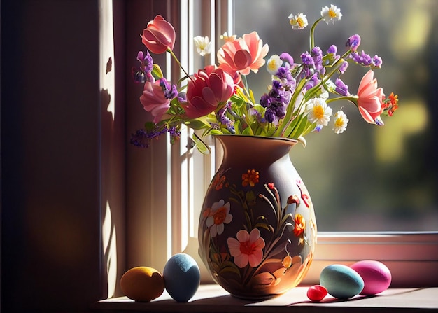 Helles Sonnenlicht scheint auf Osterglocken Blumen in Vase auf der Fensterbank mit Ostereiern AI generiert