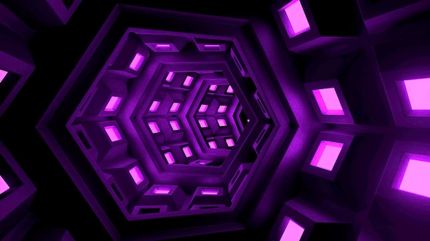 Helles Tunneldesign, der sich bewegende Pfad aus leuchtend orangefarbenem und violettem Licht führt uns wie einen Hügel hinunter