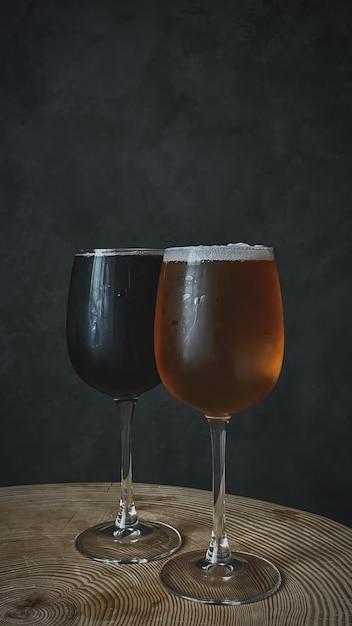 Foto helles und dunkles kaltes bier in gläsern mit wassertropfen zwei handwerkliche biere in nahaufnahme isoliert auf dunklem hintergrund