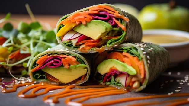 Foto helles und farbenfrohes gemüse-wrap mit hummus-avocado