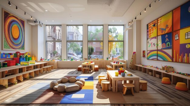 Foto helles und farbenfrohes kinderspielzimmer mit großen fenstern und künstlerischen wanddekorationen