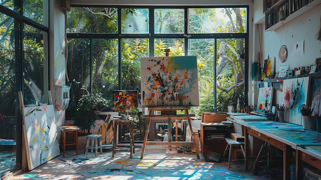 Foto helles und luftiges künstlerstudio mit großen fenstern mit blick auf einen üppigen garten