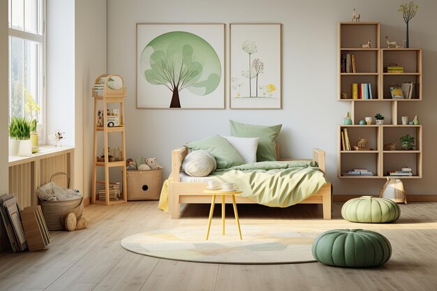 Helles und natürliches Kinderzimmerinterieur mit Holzmöbeln, Designergeräten und einem Plakat an einer weißen Wand
