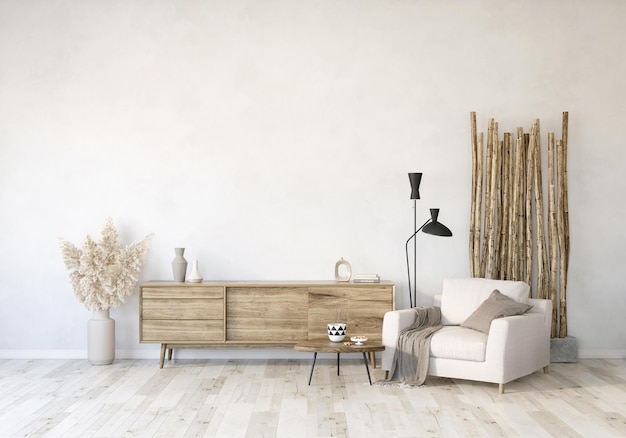Helles Wandmodell des Wohnzimmers mit Sessel und TV-Ständer aus Holz