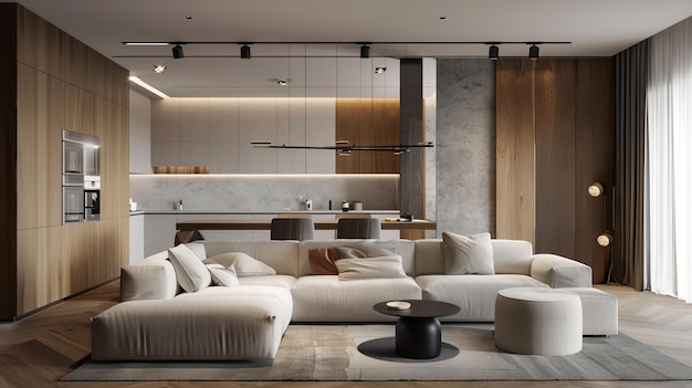Helles Wohnzimmer im Japandi-Stil in einer charmanten skandinavischen Wohnung mit eleganten Holzakzenten