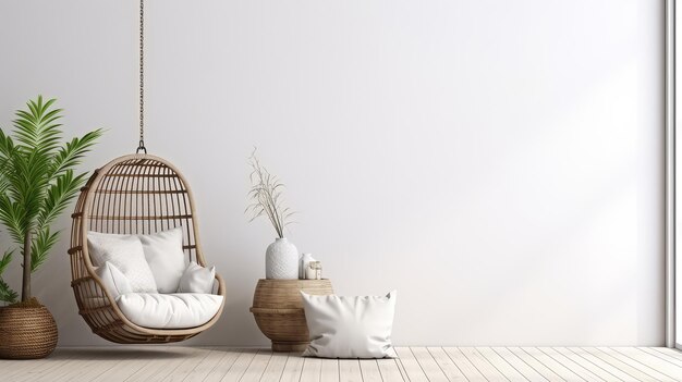 Helles Zimmer im minimalistischen Boho-Stil mit einer grünen Pflanze