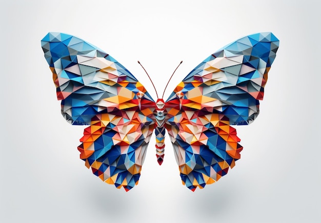 hellfarbiger Schmetterling mit geometrischem Muster auf Flügeln auf weißem Hintergrund generativ ai