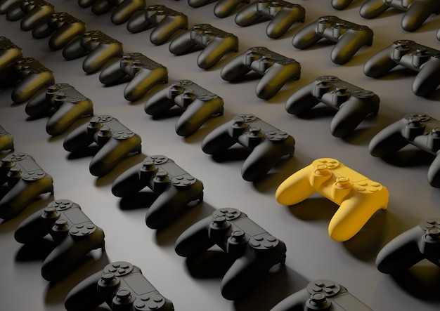 Foto hellgelbes gamepad zwischen mehreren 3d-joysticks