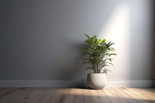 Hellgraue Wand und Holzboden mit einer Topfpflanze