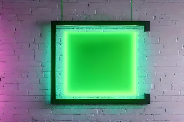 Hellgrünes Rechteck Neon am Wandhintergrund und Backsteinhintergrund