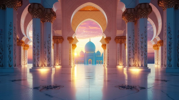 Hellig beleuchtete islamische Moschee im arabischen Stil mit spektakulären Hintergründen