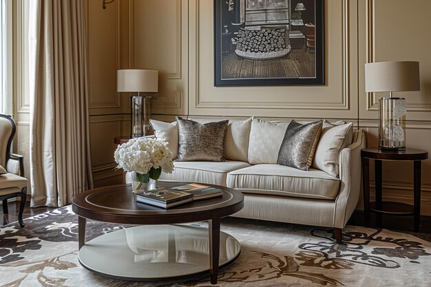Helliger runder Couchtisch aus der Mitte des Jahrhunderts auf Soft Cream-Sofa in moderner französischer emotionaler Architektur