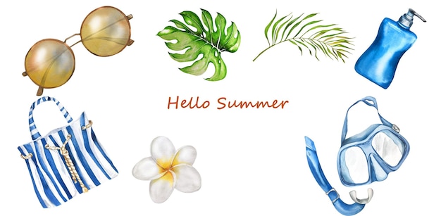 Hello Set de acessórios de verão Bolso de praia Chapéus Óculos de sol Lifebuoy Scuba Máscara de sol Creme de palma Aquarela Ilustração Elementos de design para panfletos cartazes Produtos promocionais Têxteis