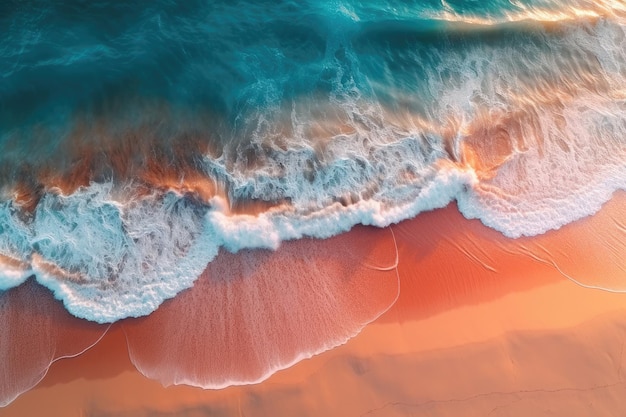 Hellorange und türkisfarbene romantische Meereslandschaften aus der Luft, Strandfoto, generative KI