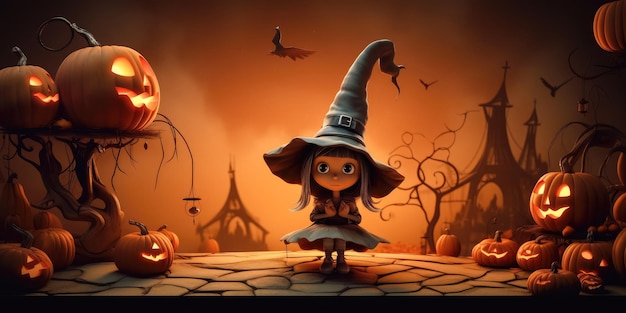 Helloween bruja y fondo de calabazas Banner de feliz Halloween Tecnología generativa Ai