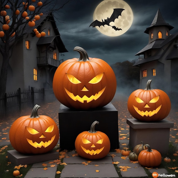 Un helloween con calabaza y casa asustadiza en el fondo real pictorial de la noche