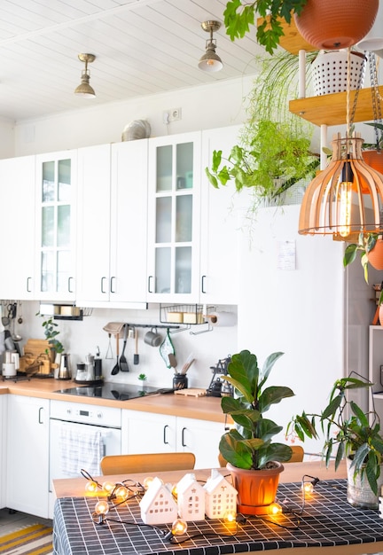 Hellweiße, moderne, rustikale Küche mit Topfpflanzen und Küchenutensilien im Loft-Stil. Innenansicht eines Hauses mit Zimmerpflanzen