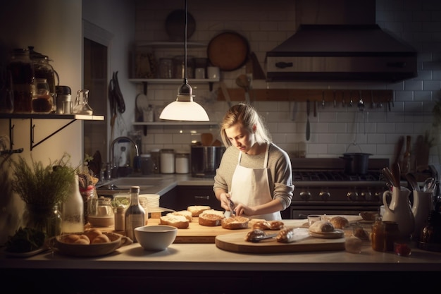 Hembra adulta joven americana caucásica cocinando una comida en la cocina IA generativa AIG23