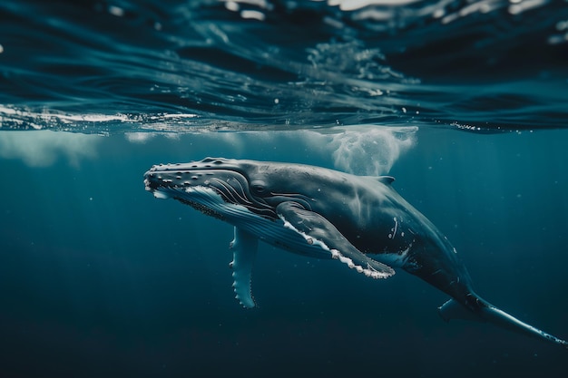 La hembra de la ballena jorobada bajo el agua