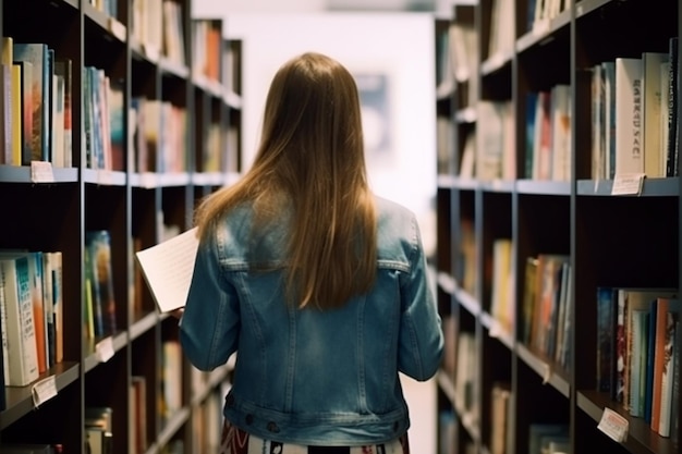 Hembra bastante joven que elige una buena vista trasera del libro