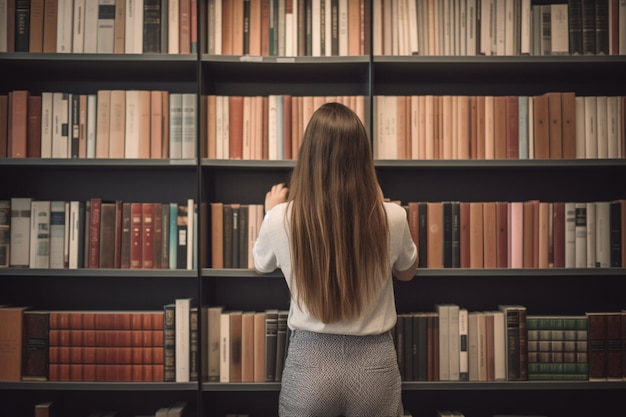 Hembra bastante joven que elige una buena vista trasera del libro